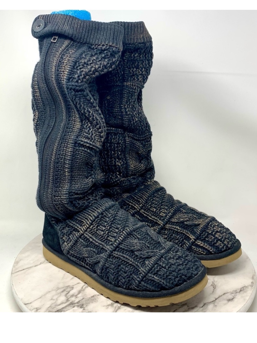 UGG Distressed Bleached Black Cable Knit Sweater Boots 9 Boho Indie Sleeze Cozy